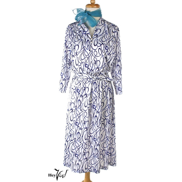 Vintage 80s Dress Blair Blue and White Elastic Waist w Scarf Sz M 14P - Hey Viv - Picture 1 of 6